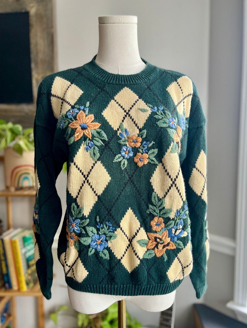 Vintage 90s Cottagecore Argyle Sweater Green Floral Cotton Granny Size Small